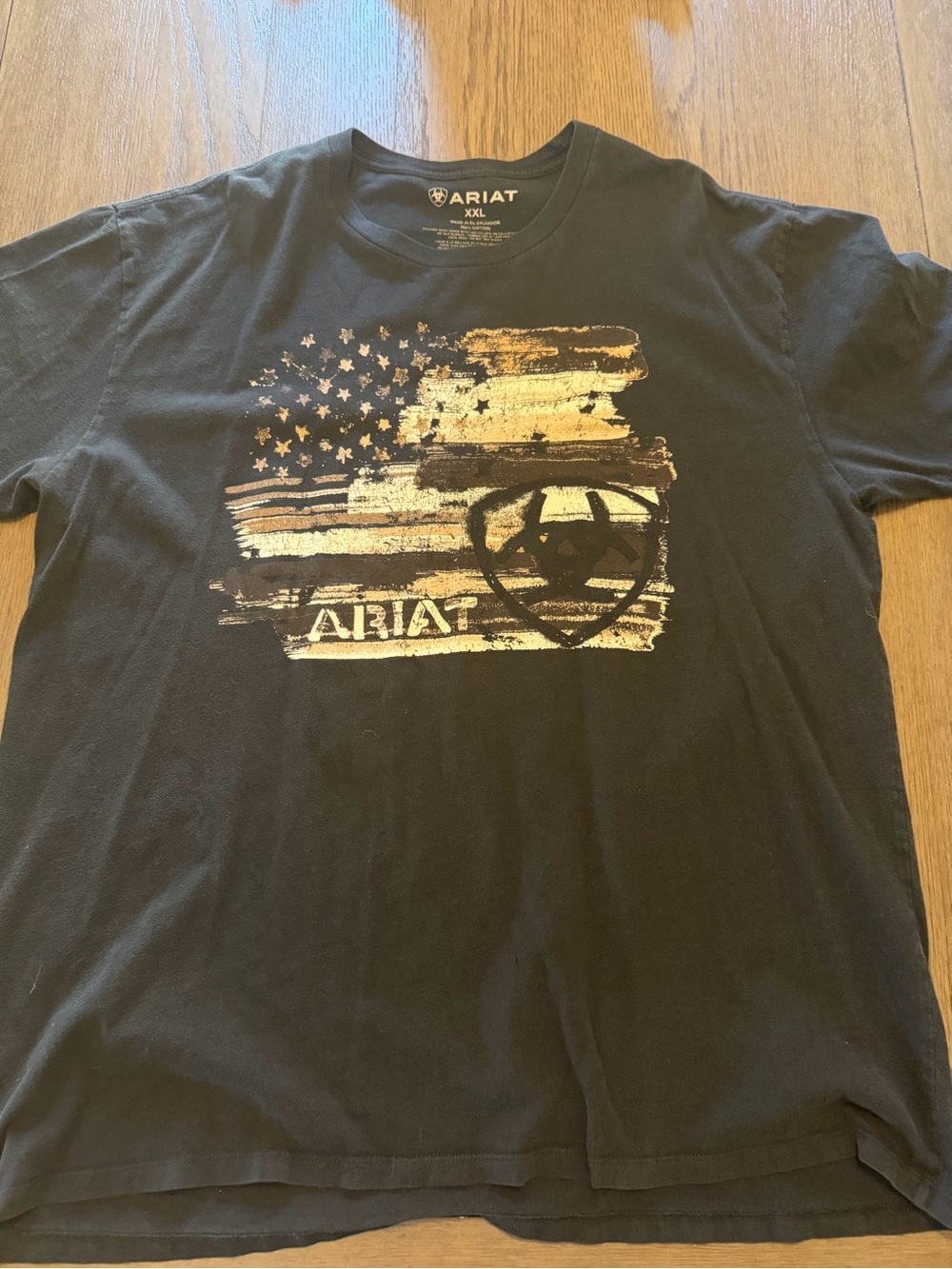 Ariat Black Short-Sleeve Tee with Distressed Gold Flag Graphic America patriotic